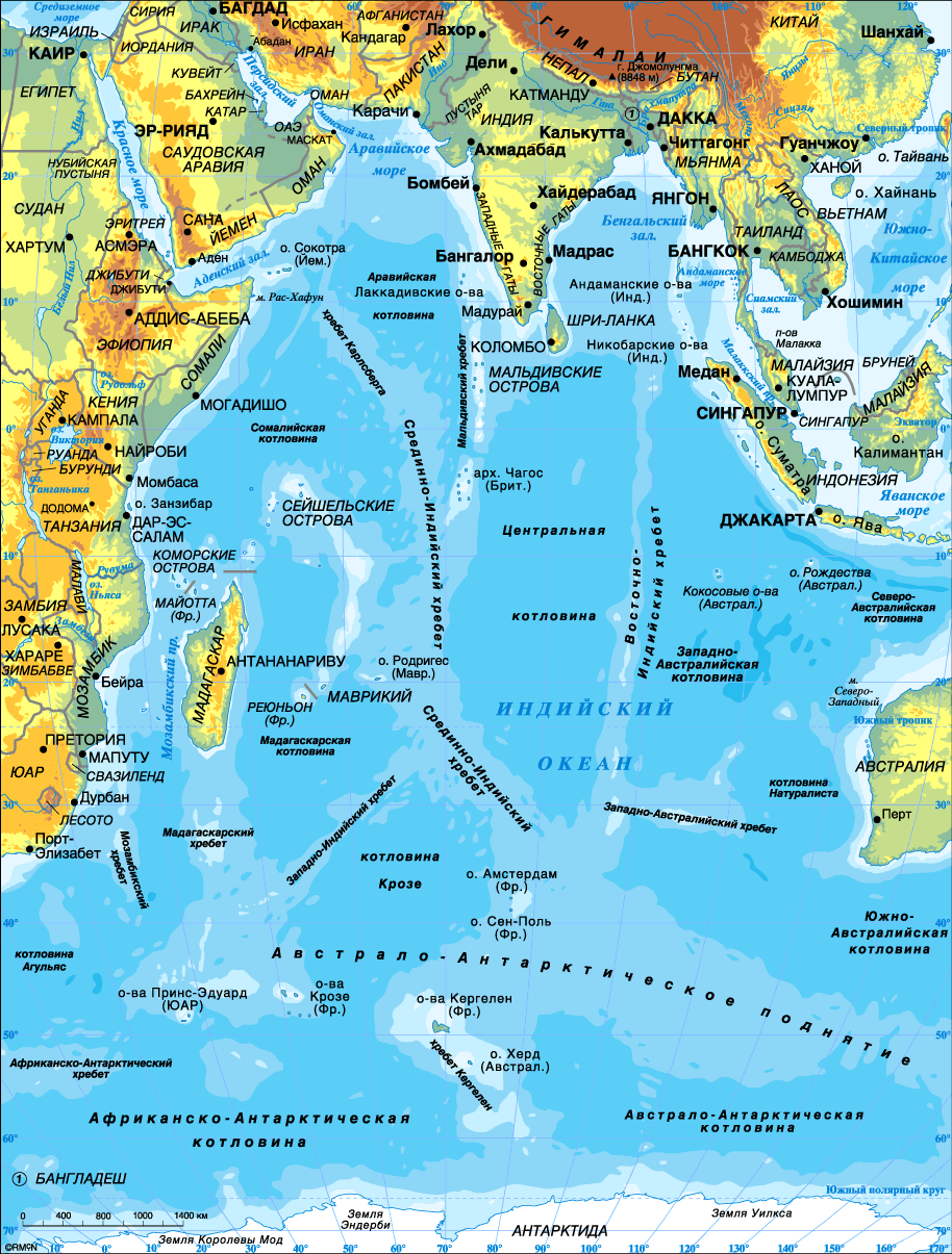 Карты Индийского океана крупным планом: Физическая и Контурная — ПриродаМира